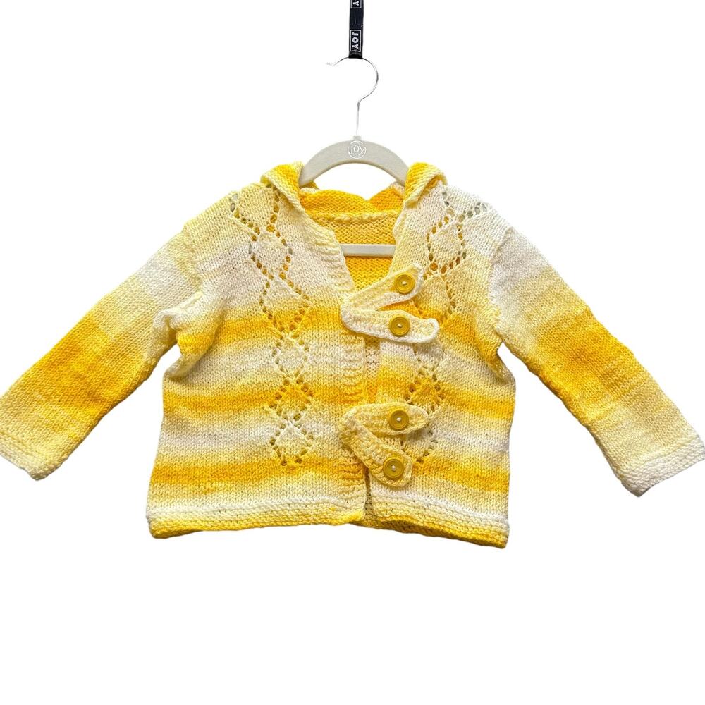 Handknit Cardigan Sweater Gradient Yellow Girl 18-24 Chunky Grandma Cottage Hood